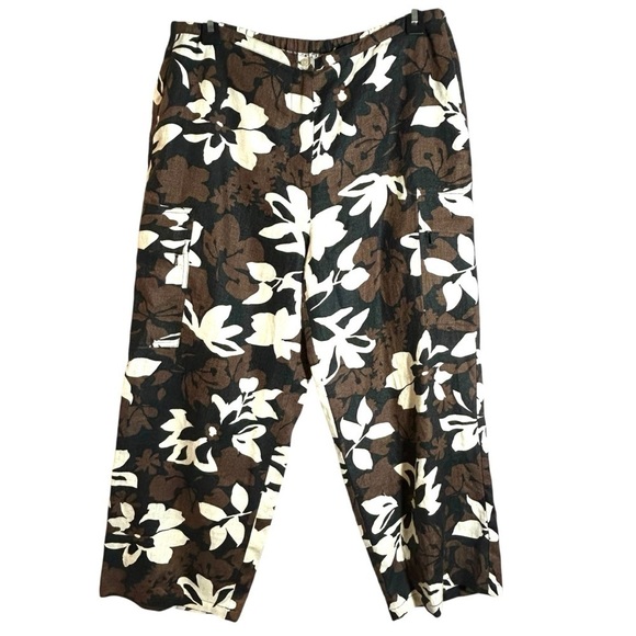 cali cali Pants - Cali Cali 100% Linen Cargo Wide Leg Style Floral Crop Pants Brown Multi Size M